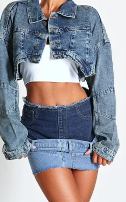 Mid Blue Wash Jean Waistband Contrast Panel Denim Mini Skirt