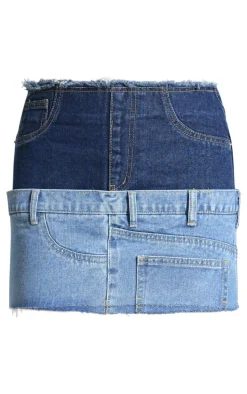 Mid Blue Wash Jean Waistband Contrast Panel Denim Mini Skirt