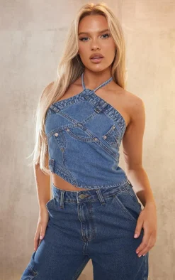 Mid Blue Wash Jeans Detail Denim Halterneck Top