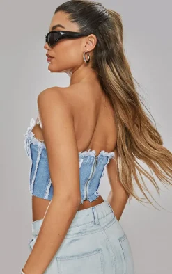 Mid Blue Wash Lace Front Distressed Edge Denim Bandeau Top