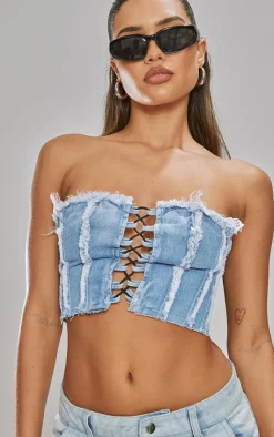 Mid Blue Wash Lace Front Distressed Edge Denim Bandeau Top