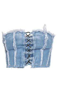 Mid Blue Wash Lace Front Distressed Edge Denim Bandeau Top