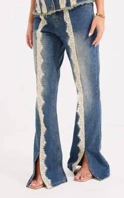 Mid Blue Wash Lace Trim Frayed Edge Flared Denim Jeans
