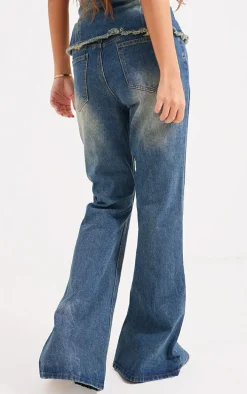 Mid Blue Wash Lace Trim Frayed Edge Flared Denim Jeans