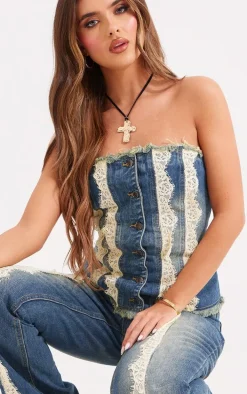 Mid Blue Wash Lace Trim Frayed Edge Flared Denim Jeans