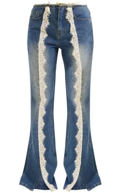 Mid Blue Wash Lace Trim Frayed Edge Flared Denim Jeans