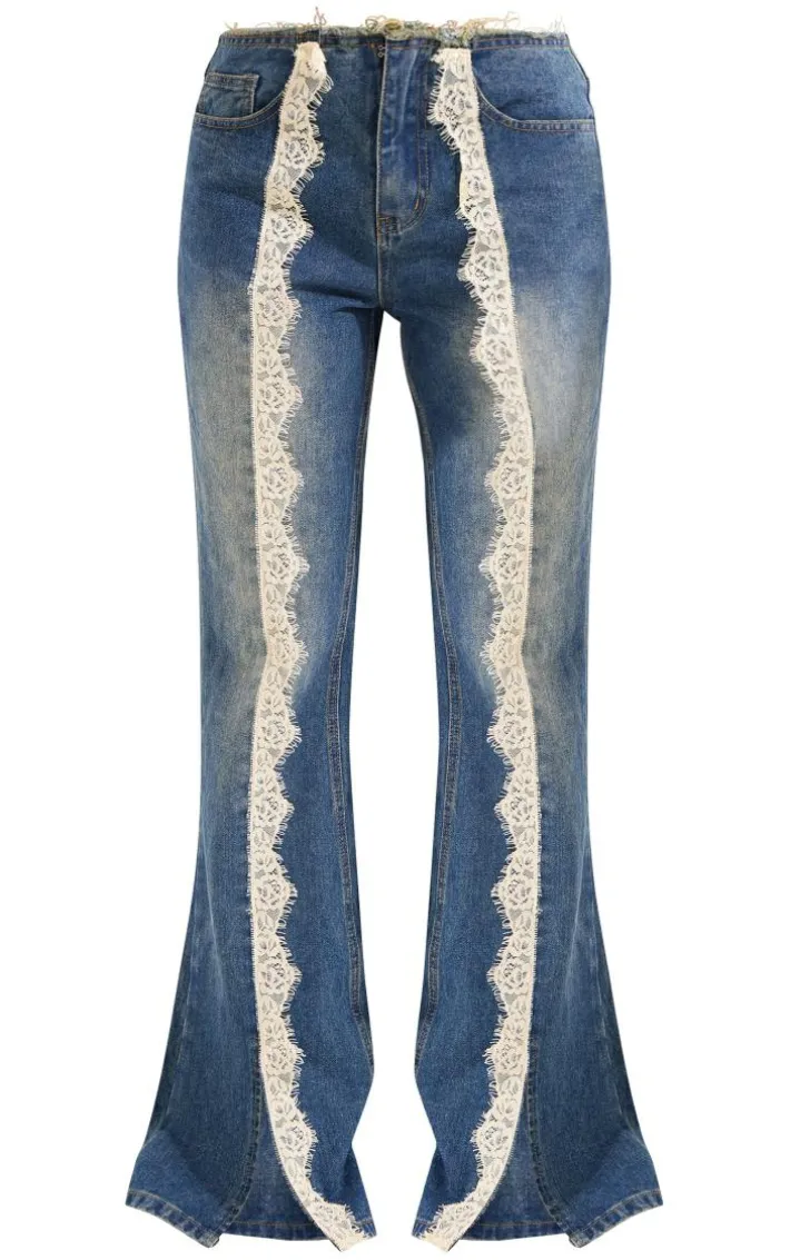 Mid Blue Wash Lace Trim Frayed Edge Flared Denim Jeans