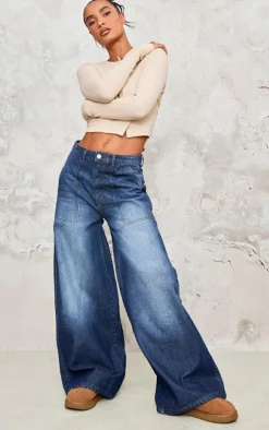 Mid Blue Wash Mid Rise Wide Leg Jeans