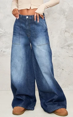 Mid Blue Wash Mid Rise Wide Leg Jeans