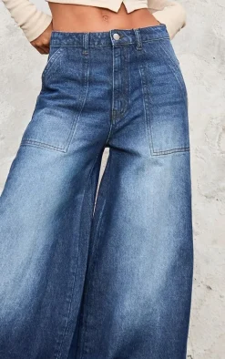 Mid Blue Wash Mid Rise Wide Leg Jeans