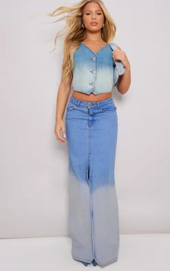 Mid Blue Wash Ombre Denim Maxi Skirt