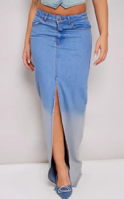 Mid Blue Wash Ombre Denim Maxi Skirt
