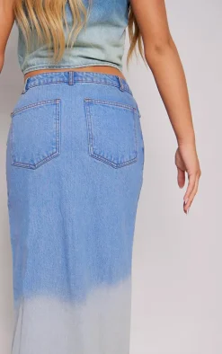 Mid Blue Wash Ombre Denim Maxi Skirt