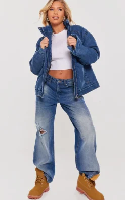 Mid Blue Wash Oversized Padded Denim Bomber Jacket