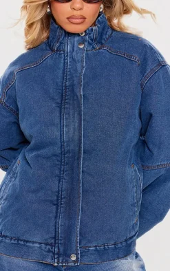 Mid Blue Wash Oversized Padded Denim Bomber Jacket