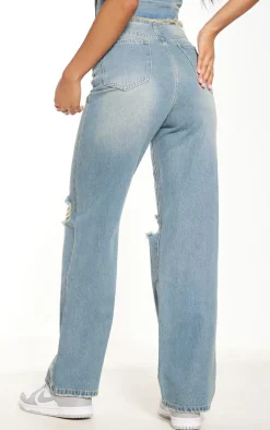 Mid Blue Wash Raw Edge Wide Leg Jeans