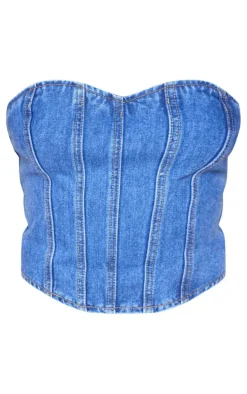 Mid Blue Wash Seam Detail Denim Corset Top