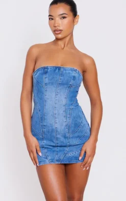 Mid Blue Wash Seam Detail Bandeau Denim Mini Dress