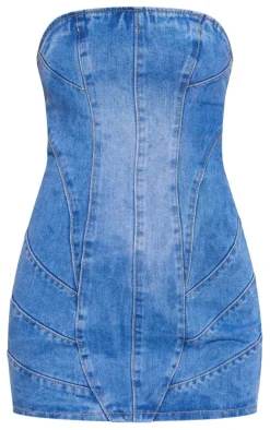 Mid Blue Wash Seam Detail Bandeau Denim Mini Dress