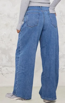 Mid Blue Wash Seam Detail Wide Leg Denim Jeans