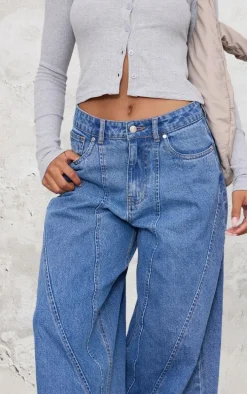 Mid Blue Wash Seam Detail Wide Leg Denim Jeans