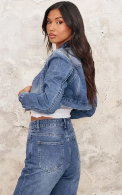 Mid Blue Wash Seam Detail Cropped Denim Jacket