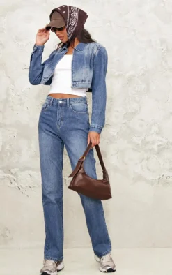 Mid Blue Wash Seam Detail Cropped Denim Jacket