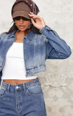 Mid Blue Wash Seam Detail Cropped Denim Jacket