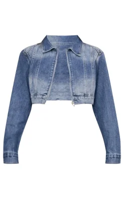 Mid Blue Wash Seam Detail Cropped Denim Jacket