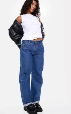 Mid Blue Wash Turn Up Hem Barrel Style Jeans