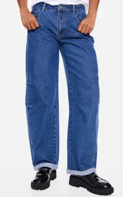 Mid Blue Wash Turn Up Hem Barrel Style Jeans