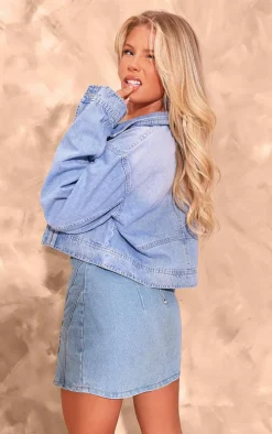 Mid Blue Wash Upside Down Waistband Crop Denim Jacket