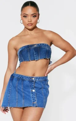 Mid Blue Wash Wrap Over Denim Micro Mini Skirt