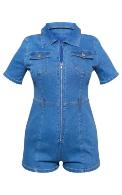 Mid Blue Wash Zip Front Denim Boilersuit