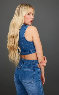 Mid Blue Wash Zip Through Denim Top
