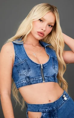 Mid Blue Wash Zip Through Denim Top