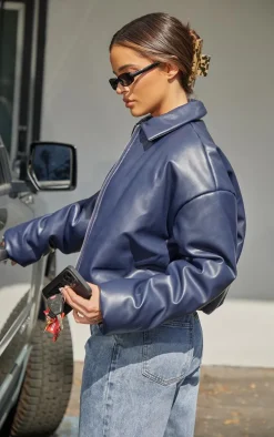 Midnight Blue Faux Leather Collar Detail Puffer Jacket