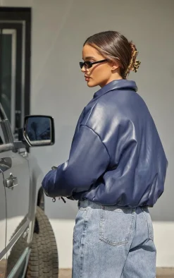 Midnight Blue Faux Leather Collar Detail Puffer Jacket