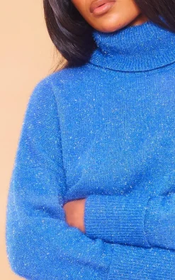 Midnight Blue Tinsel Knit High Neck Oversized Sweater