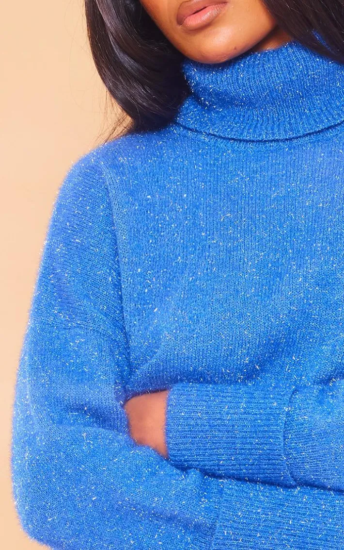 Midnight Blue Tinsel Knit High Neck Oversized Sweater