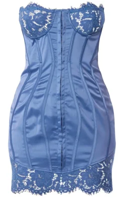 Mineral Blue Lace Trim Satin Hook & Eye Detail Bandeau Bodycon Dress