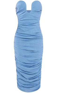 Mineral Blue Linen Look Wire Detail Ruched Midaxi Dress