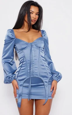 Mineral Blue Satin Balloon Sleeve Cup Detail Mini Dress