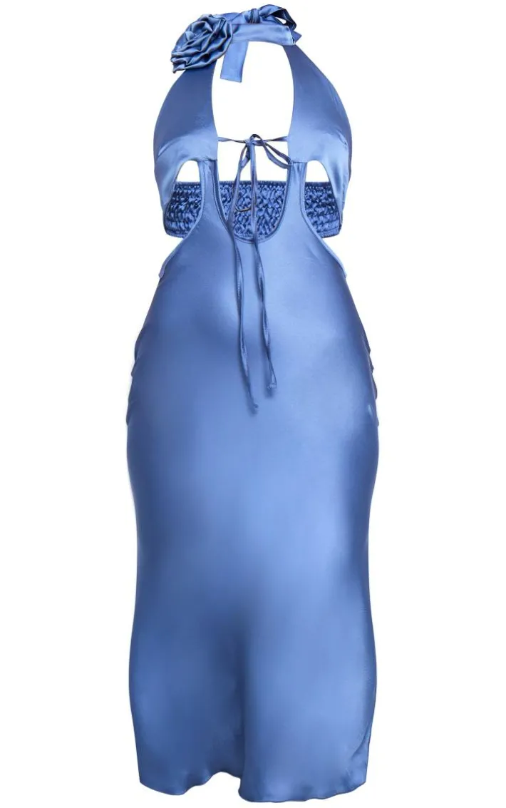 Mineral Blue Satin Rose Applique Cut Out Detail Midi Dress