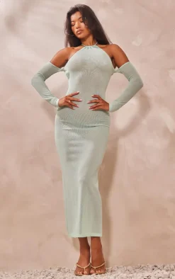 Mint Sheer Knit Halter Neck Long Sleeve Dress