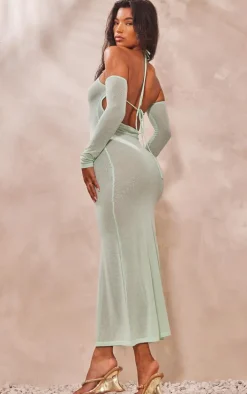 Mint Sheer Knit Halter Neck Long Sleeve Dress