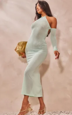 Mint Sheer Knit Halter Neck Long Sleeve Dress
