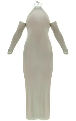 Mint Sheer Knit Halter Neck Long Sleeve Dress