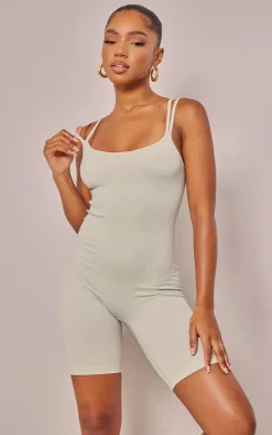 Mint Structured Snatched Rib Double Strap Unitard