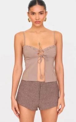 Mocha Bengaline Lace Up Ruched Bust Top